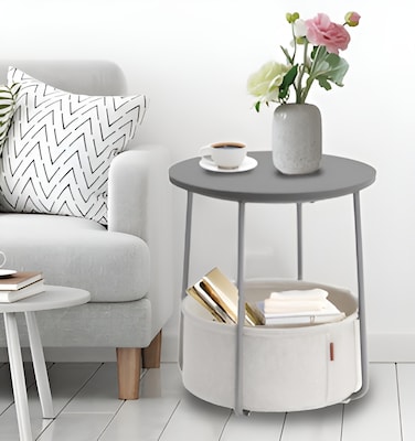Grey Round Side Table with Storage Basket