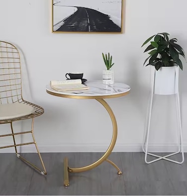 C-Shaped Round Side Table, Home Office Desk, Console Table, End Table for Couch, Laptop Table, Sofa Side Table, Corner Table Wood Top, Metal Frame- Diameter 45cm x 65cm Height, Gold and White