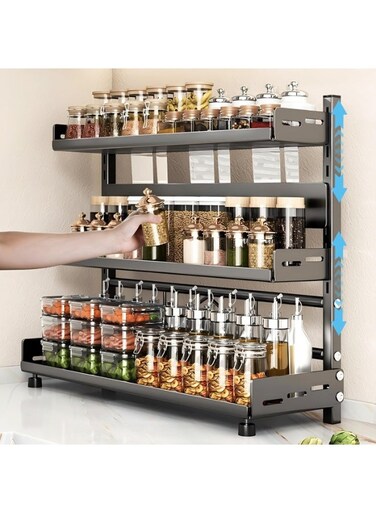 Modern Kitchen Organizer Shelf Unit, Multi-Tier Spice Rack with Adjustable Height and Stable Construction, Great for Storing Kitchen Supplies, Containers, Bottles and Everyday Cooking Essentials