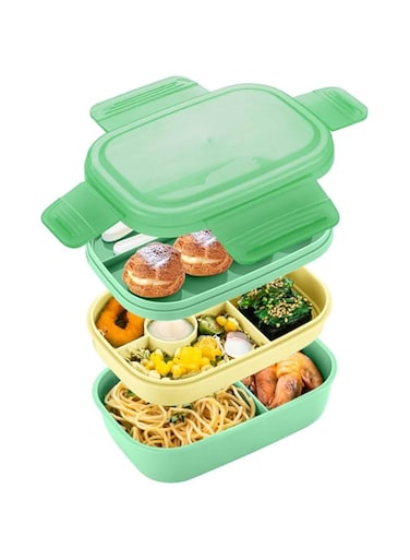 Bento Lunch Box For Kids Adults, 1900Ml 3 Layer Food Box Container Dishwasher Freezer Microwave Safe Leakproof Lunchbox with 8 Compartments &amp; Reusable Fork Spoon Knife For On-the-Go Meal Snack Packing