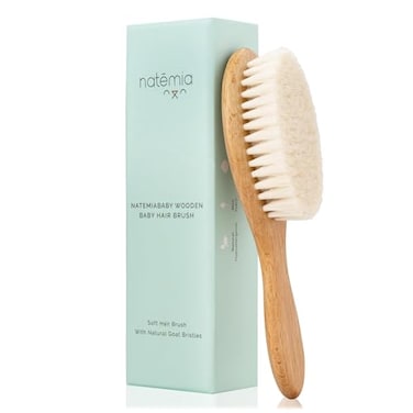 Natemia Quality Wooden Baby Hair Brush For Newborns &amp; Toddlers, Natural Soft Goat Bristles, Ideal For Cradle Cap, Perfect Baby Registry Gift