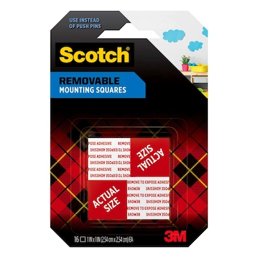 Scotch 108S-SQ-16 Removable Mounting Squares, 1-inch length (25,4mm). 16 squares/pack