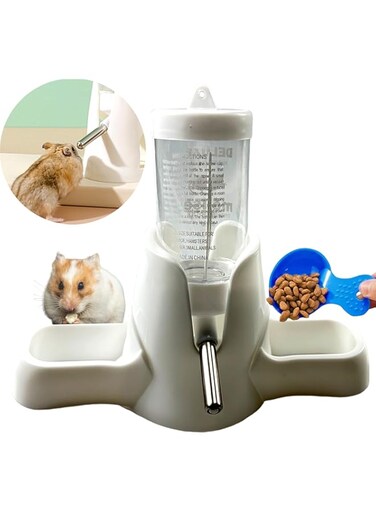 TERRIFI Hamster Water Bottle, 3-in-1 Automatic Dispenser with Food Container Base for Dwarf Hamster, Mouse, Rat, Hedgehog &amp; Small Animals (80ml, Grey)