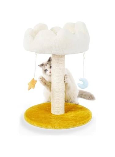 VAFGWGPB Cat scratching post with hanging toys for 2 kittens, sisal scratching bar, cloud-like lookout, 56 cm high, yellow base
