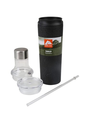 Ozark Trails Tumbler Set - 20 Oz, 3 Lids &amp; Straw, Vacuum Insulated Stainless Steel Bottle with Leak-Proof Lid, Coffee Travel Mug With Straw Lid, Gift Box,Black