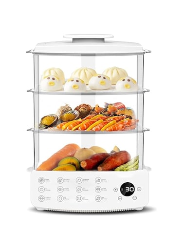Exrp Electric Steamer for Cooking Vegetable Steamer Food Steam Cooker 900w Motor for Fast Steaming Veggie Dumpling Tamale Fish Egg Bun Tortilla,3-Tier Design Bpa-Free,Auto Shutoff,Smart Digital