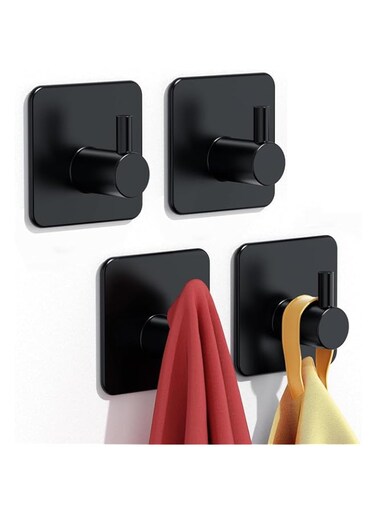 Diylove Adhesive Towel Hooks Heavy Duty Stick on Wall Hooks Shower Hooks for Bathroom Kitchen Door-4 Packs (Black)