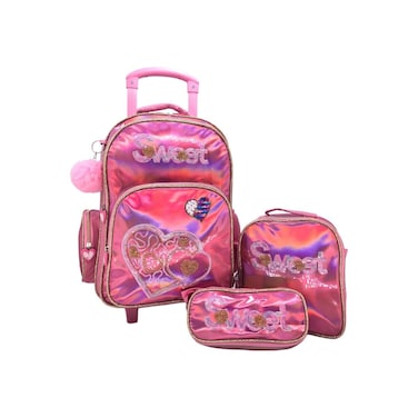 Kids 18" shiny trolley &amp; backpack set with insulated lunch bag, pencil case, pink heart design.
