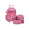 Kids 18" shiny trolley &amp; backpack set with insulated lunch bag, pencil case, pink heart design.