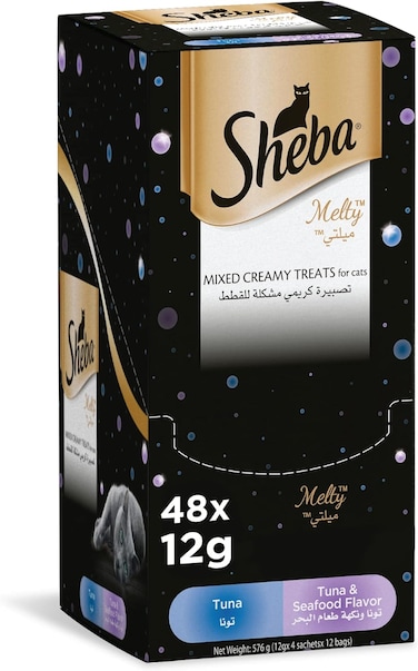 Cat Food, Melty Mixed Creamy Treats Tuna &amp; Tuna &amp; Seafood Flavor, 2 Pouches Tuna, 2 Pouches Tuna &amp; Seafood, Fed by Hand so Cats Can Find Relish with this Premium Wet Food Treat, Pack of 48x12g
