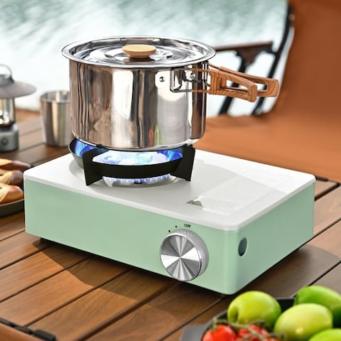 Portable Camping Stove, High Output Single Burner Butane Stove, Windproof Camp Stove for Outdoor Cooking, Camping Grill with Propane Burner, Backpacking and Camping Essentials" Green