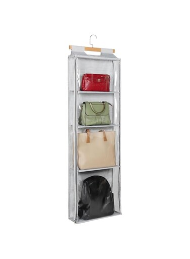 ALMEKAQUZ Hanging Handbag Purse Organizer with Zippers, Clear Slubbed Fabric+PP Hanging Closet Bag Rack, 4 Mesh Shelves,Dustproof Handbag Closet Tote Storage Bag for Door, Wardrobe