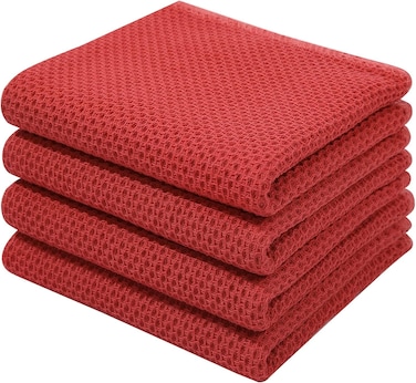 MahMir 100% Cotton Waffle Weave Kitchen Dish Cloths, Waffle Tea Towels Ultra Soft Absorbent Quick Drying Dish Towels, 34x34 CM, 4-Pack. (Red)