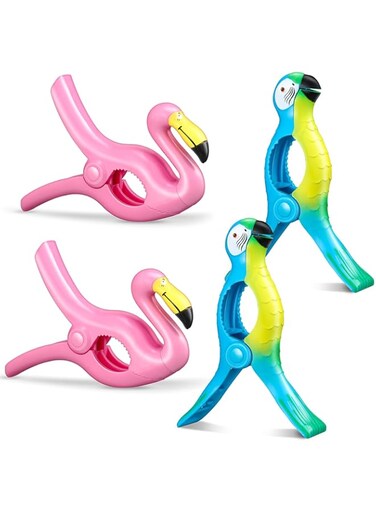 Waydress 4 Pieces Beach Towel Clip Jumbo Size Chair Clips Towel Holder Clothes Pegs Christmas Stocking Clamp for Cruise Patio Pool Holiday Vacations(Parrot, Flamingo,Blue, Pink)