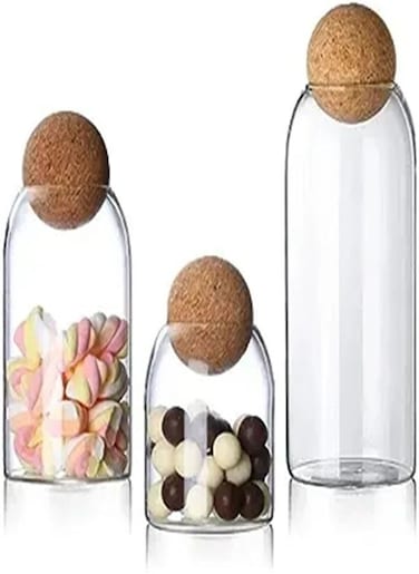 Goolsky 3 Piece Glass Storage Containers with Airtight Seal Wood Cork Ball Lids, Apothecary Jars with Lids, Candy Jar for Food, Coffee, Bean, Tea, Spice, Salt, Sugar, Cookie