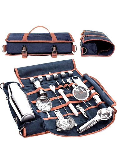 Bartender Kit Bag, Portable Waxed Canvas Bag Can Use For Professional 17-Piece Bar Tool Set, Including Shoulder Strap for Easy Carry(Bar Tools Not Include)(Blue)