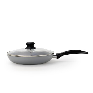 Non Stick Fry Pan with Glass Lid 28cm, Grey Aluminium Cooking Pan, Induction &amp; Gas Compatible, Scratch Resistant Coating, Cool Touch Handle, Healthy Low Oil Kitchen Cookware
