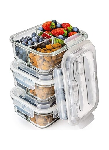 Glass Meal Prep Containers 3 Compartment - Bento Box Containers Glass Food Storage Containers with Lids - Food Containers Food Prep Containers Glass Storage Containers with lids Lunch Containers 3pk