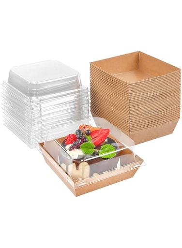 Kucoele 50 Pack Charcuterie Boxes with Clear Lids, 4 Inches Brown Oil-Proof Kraft Paper Dessert Boxes Food Containers for Bakery, Macaron, Sandwich, Cookies, Mini Cakes and Strawberries