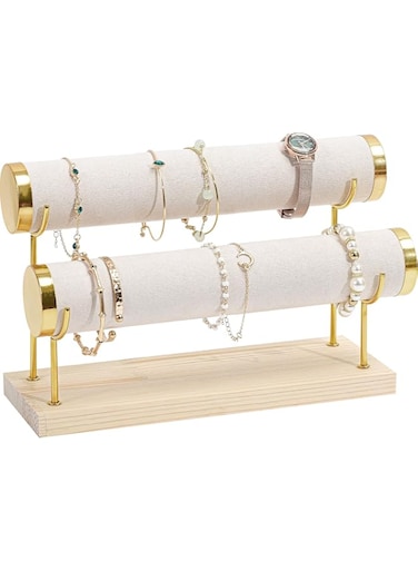 ProCase Detachable Bracelet Holder Stand, Gold Bracelet Organizer for Selling, Velvet Wrap Bracelet Display Rack with Wooden Base for Bangles Scrunchies Watches - 2 Tier, Beige