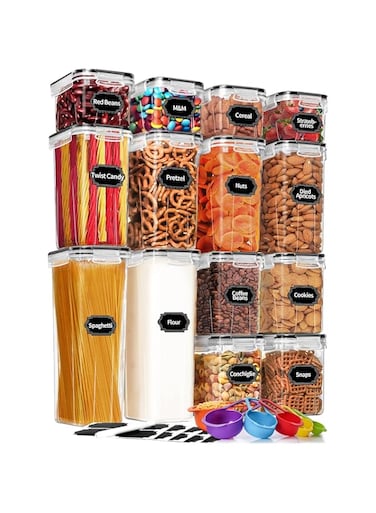 Skroam 14 Pack Airtight Food Storage Containers for Kitchen Pantry Organization and Storage, Plastic Canister Set with Lids, Cereal, Flour &amp; Sugar Containers- Spoon Set, Labels &amp; Marker