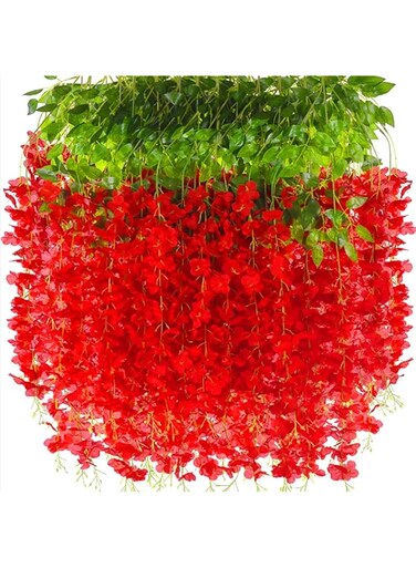 Beauenty 12pcs Artificial Silk Wisteria Vine Ratta Silk Hanging Flower, 3.7 Feet/Long Artificial Wisteria Flower Garland for Backdrop, for Home Party Garden，Wedding Decor (Red)