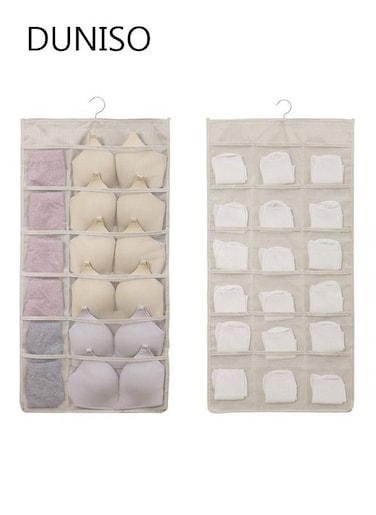 Dual Sided Wall Closet Hanging Organizer Storage with Mesh Pockets for Underwear Bra Underpants Socks (Gray 18+18 Pockets)