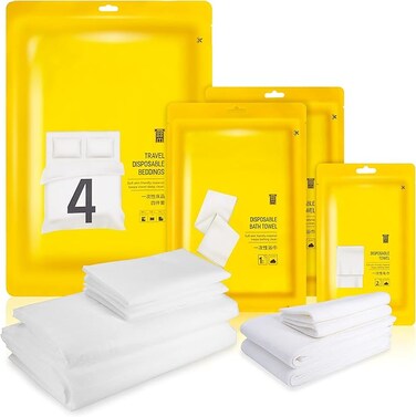 4 Pack Travel Disposable Bedding Set, Disposable Bedding Sheets, Sheet for Business Travel Hotel Trip Outdoor Camping, 1 Quilt Covers, 1 Bed Sheet and 2 Pillow Cases, 2 Towel, 2 Bath Towel