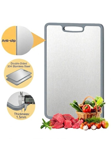 Stainless Steel Cutting Board Double-Sided &acirc;&euro;&ldquo; Non-Slip Kitchen Board with Silicone Edge, Easy to Clean Metal Chopping Board for Meat, Vegetables &amp; Fruit (36 &Atilde;&mdash; 25cm)