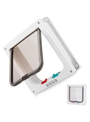 Duomama Thin Cat Door for Windows and Sliding Doors - Weatherproof, 4-Way Locking, Pet Flap for Walls - Easy Access for Cats - 6.7in x 6.3in Flap Size