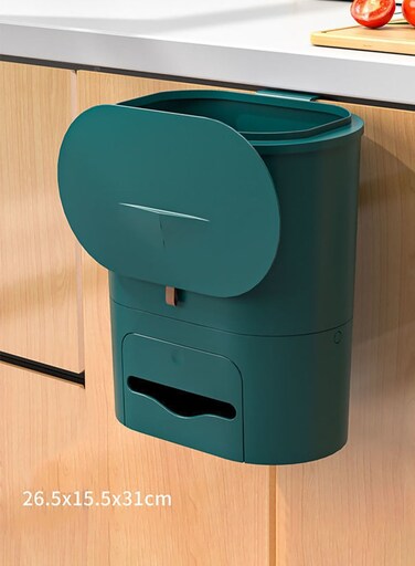 Moments Modern Kitchen Hanging Trash Can with Lid Compost Bin with Inner Bucket for Countertop Under Sink Food Waste Bin Cupboard Bathroom Bedroom Office Camping 10 Litre Dark Green 26.5x15.5x31cm