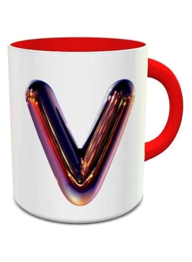 imPRESS White &amp; Red Ceramic Coffee Mug With Night Chrome Letter V