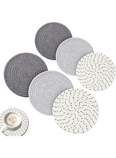 KASTWAVE Set of 6 Large Braided Cotton Trivets - Stylish Heat-Resistant Coasters for Pots &amp; Dishes (7" &amp; 4.7", Gray Tones)