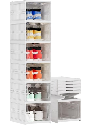 Storage Organizer Box 6-Tier Foldable Collapsible Stackable Shoe Rack Bins, Fit Size 12, No Assembly, for Men and Women