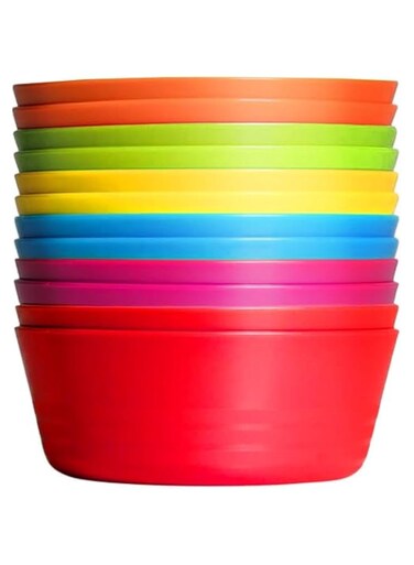 PLASKIDY Kids Plastic Bowls Set of 12 Children Bowl 10 Ounce Microwave Dishwasher Safe BPA Free Non Toxic Toddler Bowls 6 Bright Colors for Cereal, Soup, Snack Great Plastic Bowls for Kids &amp; Toddlers