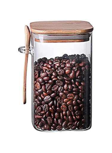 AKDC Square Glass Storage Jar with Wood Lids and Spoon 1000ml Airtight Sealed Clear Borosilicate Canister Kitchen Food Storage Containers for Coffee Beans Tea Nuts[1 piece](1000, Rectangular, 1, 5810)