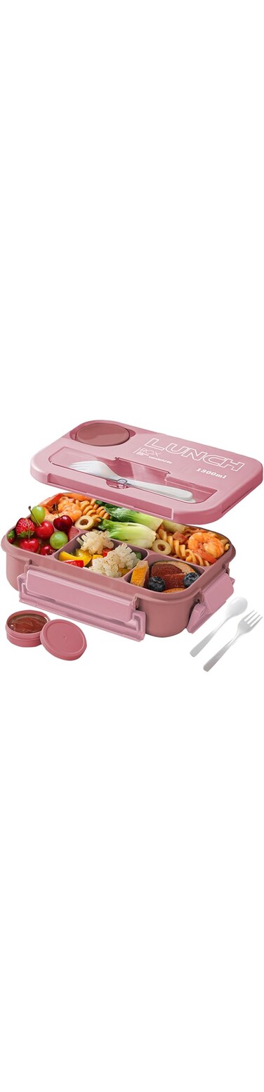 YumLock Lunch Box Set - 1300ml Bento Box with 4 Compartments, Utensils, &amp; Sauce Container for Meal Prep &amp; On-the-Go, Pink