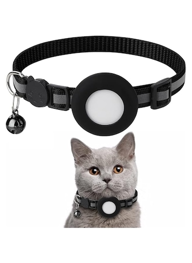 Wegood Airtag Cat Collar, Air tag Cat Collar with Bell and Safety Buckle in 3/8" Width, Reflective Collar with Waterproof Airtag Holder Compatible with Apple Airtag for Cat Dog Kitten Puppy (black)