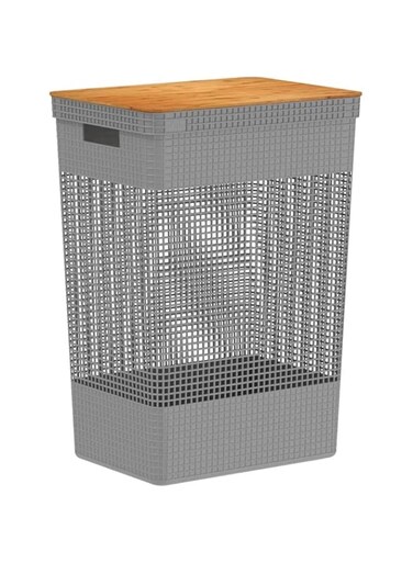 OU Grid Clothes Basket w/Bamboo Cover 49L Grey OR