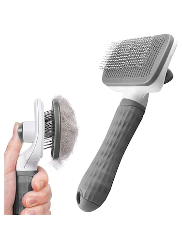 Dog Brush Cat Brush Grooming Comb,Self Cleaning Cat Dog Slicker Brushes with Smooth handle,Pet Grooming Tool with Cleaning Button for Cat Dog Shedding Brush Cat Dog Massage Clean Tangled Brush(Grey)