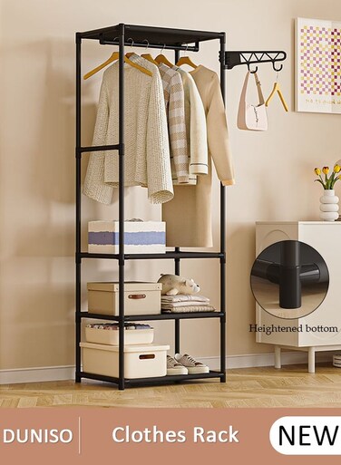 Clothes Rack Clothing Drying Rack, Rolling Garment Rack for Hanging Clothes, Small Metal Pipe Stand Coat Racks with 3 Tier Shelves and Hooks