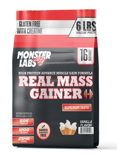 Monster Labs Real Mass Gainer 6 LBS, 16 Servings - High-Calorie Protein Supplement For Muscle Growth (Vanilla)
