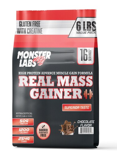 Monster Labs Real Mass Gainer 6 LBS, 16 Servings - High-Calorie Protein Supplement For Muscle Growth (Chocolate)