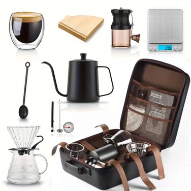 Mimelon Drip Coffee Maker 9 Pc V60 Coffee Kit Set   Manual Coffee Dripper Pour Over Coffee Maker Set with Portable Case, Coffee Grinder, Kettle, &amp; Filter (CAUSAL BLACK)