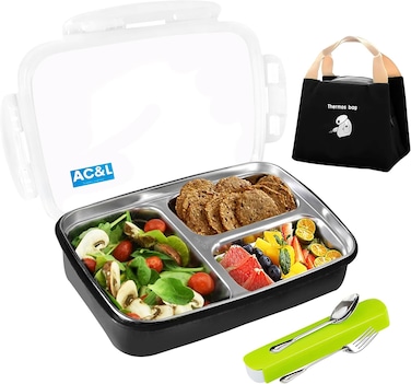 AC&amp;L 1000ml Stainless Steel Lunch Box, Bento Box with 3 Compartment for Kids and Adults, Skid-proof Silicone with Tableware Set and Insulated Lunch Bag, Dishwasher &amp; Microwave Safe (Black)
