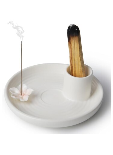 FEYKEY Palo Santo Sticks Incense Burner Holder, White Sage Smudge Stick Burning Bowl, Incent Holder Candle Plate, 4-in-1 Ceramic Incense Holder for Meditation Yoga Room (White)&hellip;