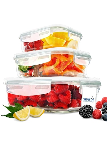 [3-Pack] Glass Kitchen Meal Prep Containers With Lasting Snap Locking Lids, Microwave/Oven/Freezer &amp; Dishwasher Safe Assorted Colors