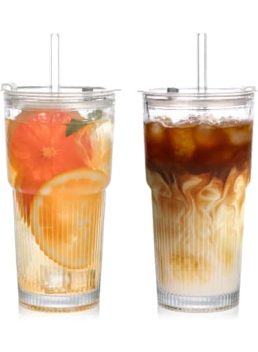 Cups with Lids and Glass Straws, High Borosilicate 20OZ Tumblers (2Pcs) for Coffee, Tea, Juice, Smoothies, Hot/Cold Drinks at Home, Office