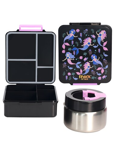 Attack Mermaid Kids Bento Lunch Box with Thermos Jar &acirc;&euro;&ldquo; 4-Compartment Stainless Steel Leakproof Lunchbox with Silicone Seal &acirc;&euro;&ldquo; Cute Mermaid Artwork &acirc;&euro;&ldquo; Keeps Food Hot up to 5 Hrs &acirc;&euro;&ldquo; BPA-Free