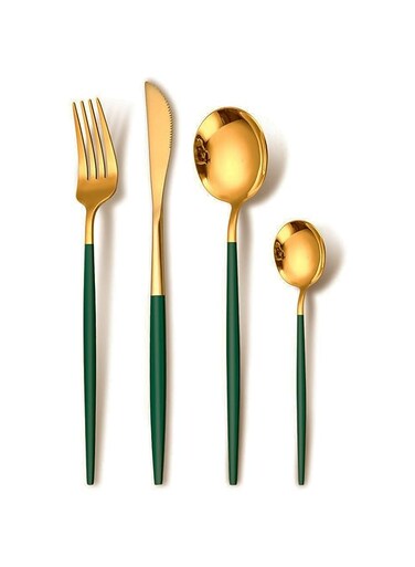 ED-Lumos Cutlery Set 16 Pieces Gold Stainless Steel with Green Handles Tableware Spoon Knife Fork Set Service for 4 Persons